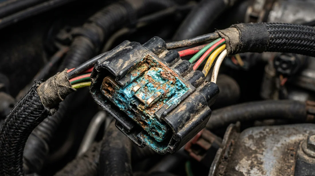 Connecteur électrique automobile corrodé montrant une oxydation
