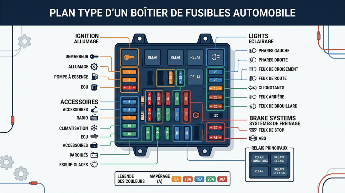 Schéma explicatif d'une boîte à fusibles automobile avec légendes