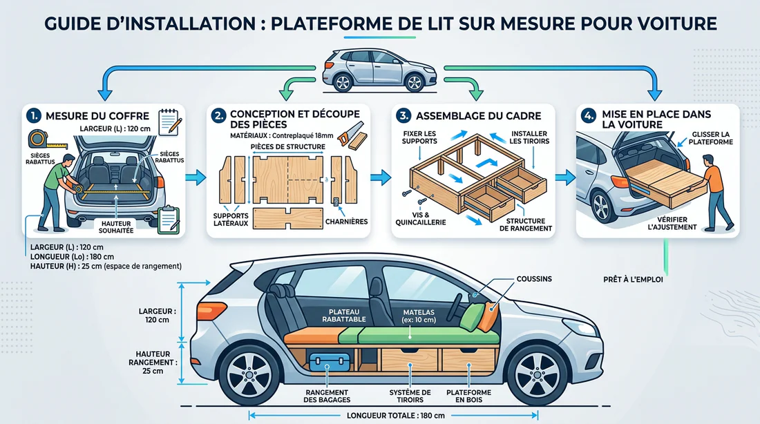 Schéma et plan d'aménagement d'un lit en bois dans le coffre d'une voiture