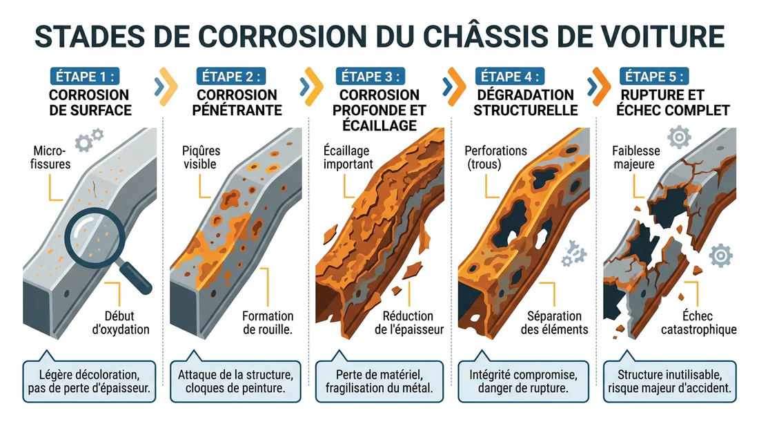 Infographie illustrant les différents niveaux de corrosion d'un châssis