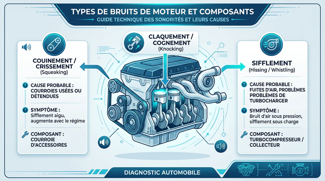 Infographie descriptive sur les bruits de moteur courants et leurs causes