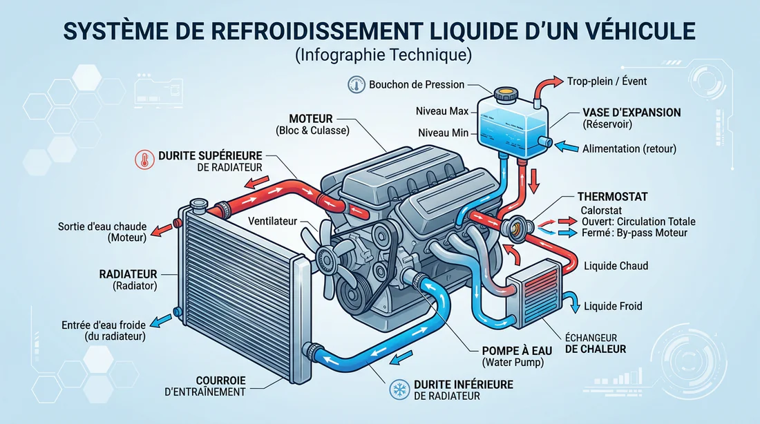 Schéma du circuit de refroidissement moteur et des durites de radiateur