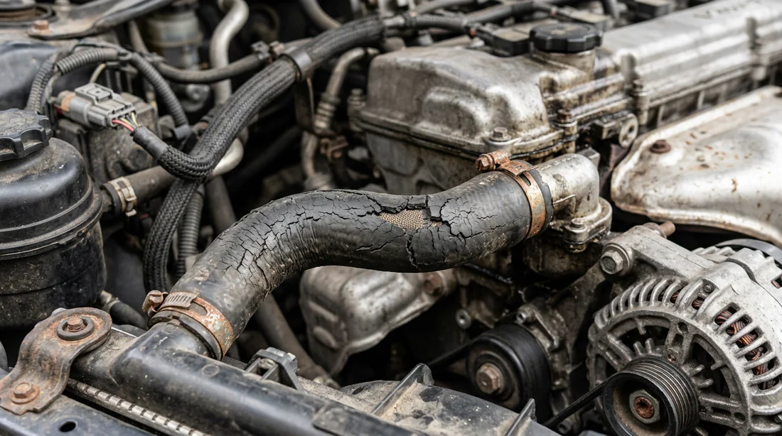 Durite de radiateur usée et craquelée dans le moteur
