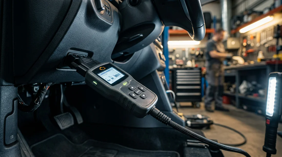 Utilisation d'une valise de diagnostic OBD2 sur le tableau de bord d'un véhicule