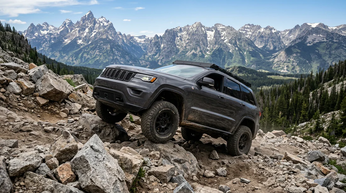 Jeep Grand Cherokee WK2 franchissant des obstacles en tout-terrain