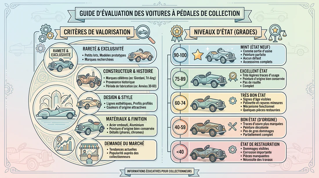Infographie des critères d'estimation et valeur d'une voiture à pédales Eurêka