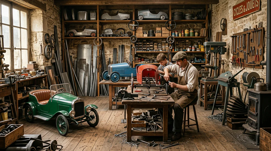 Atelier de fabrication de voitures à pédales anciennes dans les années 1930