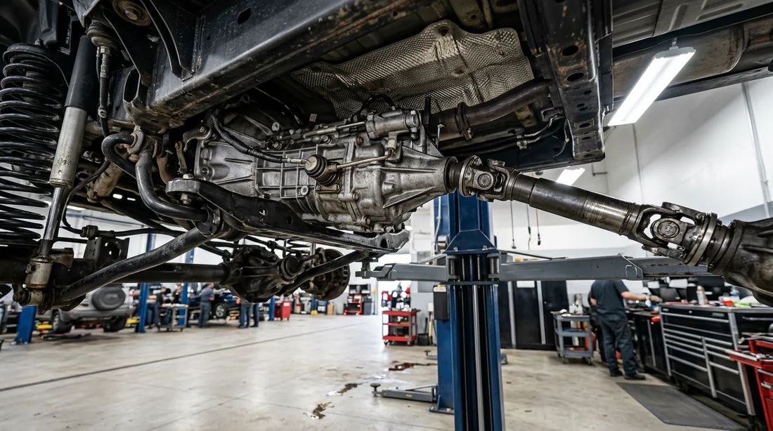 Inspection sous le châssis de la boîte de vitesses manuelle d'une Jeep Wrangler