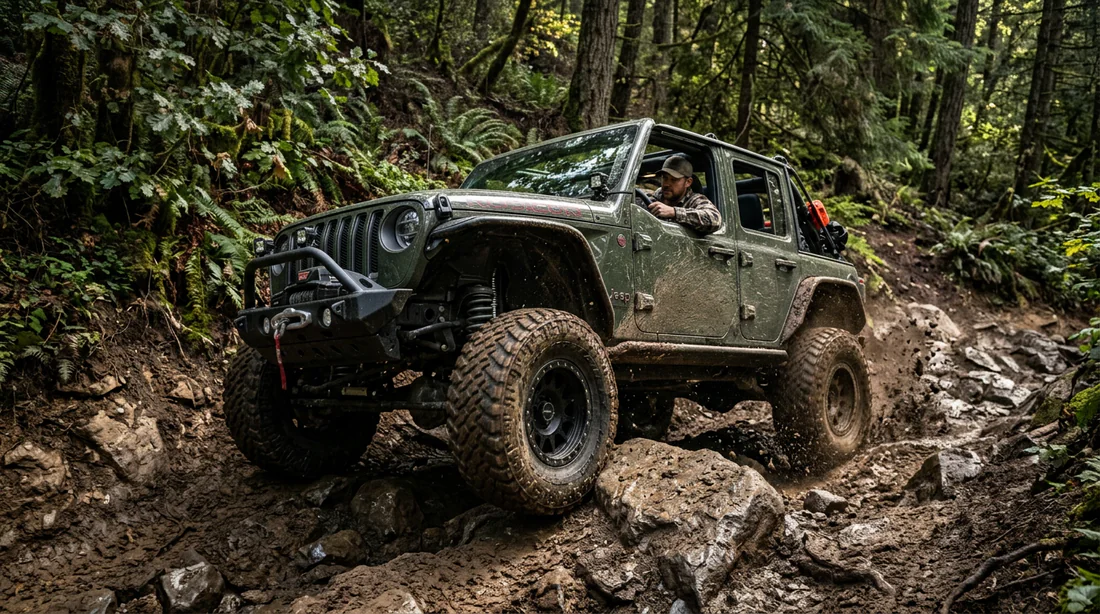 Jeep Wrangler en franchissement extrême utilisant le frein moteur en boîte manuelle