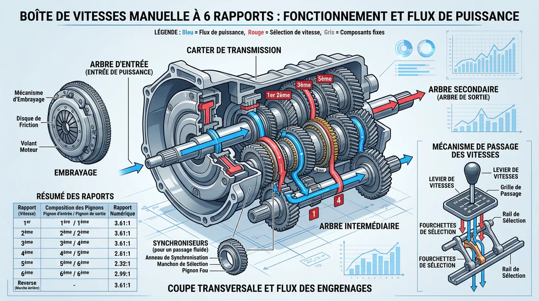 Schéma explicatif du fonctionnement d'une boîte de vitesses manuelle 6 rapports