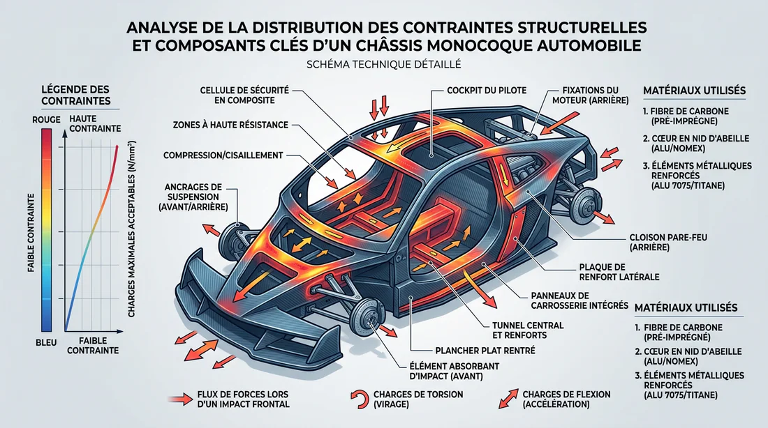 Schéma technique expliquant la distribution des contraintes sur un châssis automobile