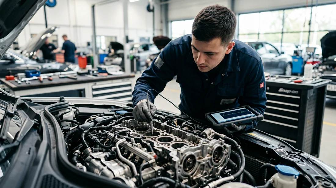 Étudiant mécanicien effectuant un diagnostic complet sur un moteur d'automobile en atelier.