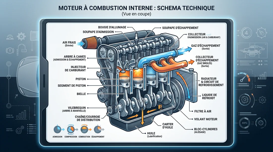 Schéma technique infographique et explicatif des composants clés d'un moteur thermique.