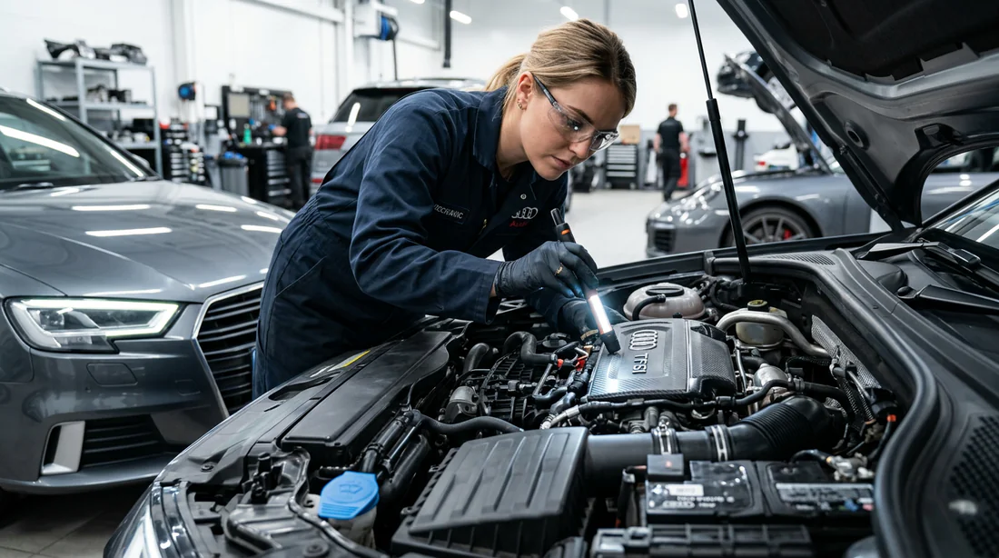 Mécanicien inspectant le moteur d'une Audi A3 en atelier