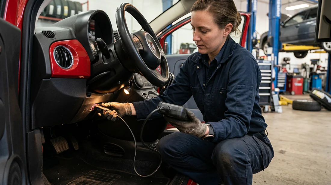 Branchement du boîtier de diagnostic OBD2 sur la prise de la Fiat 500