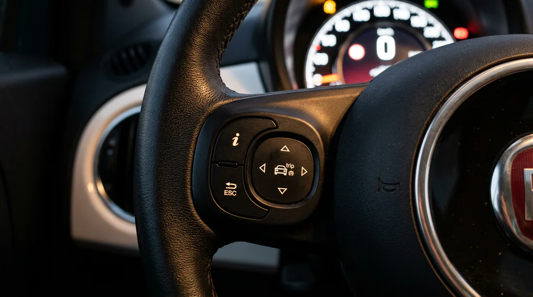 Commandes au volant de la Fiat 500 pour naviguer dans le menu du tableau de bord