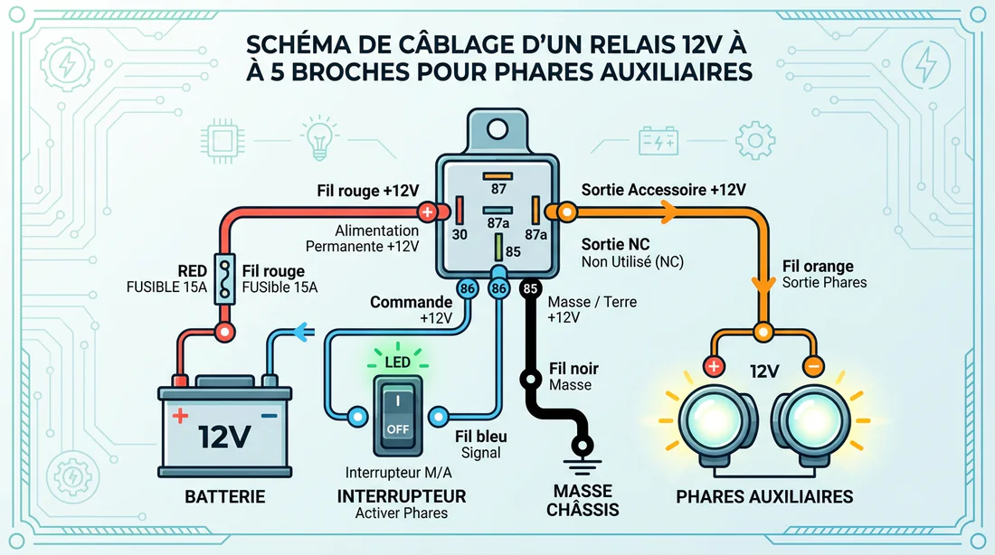Schéma de câblage et de branchement d'un relais automobile 12V à 5 broches