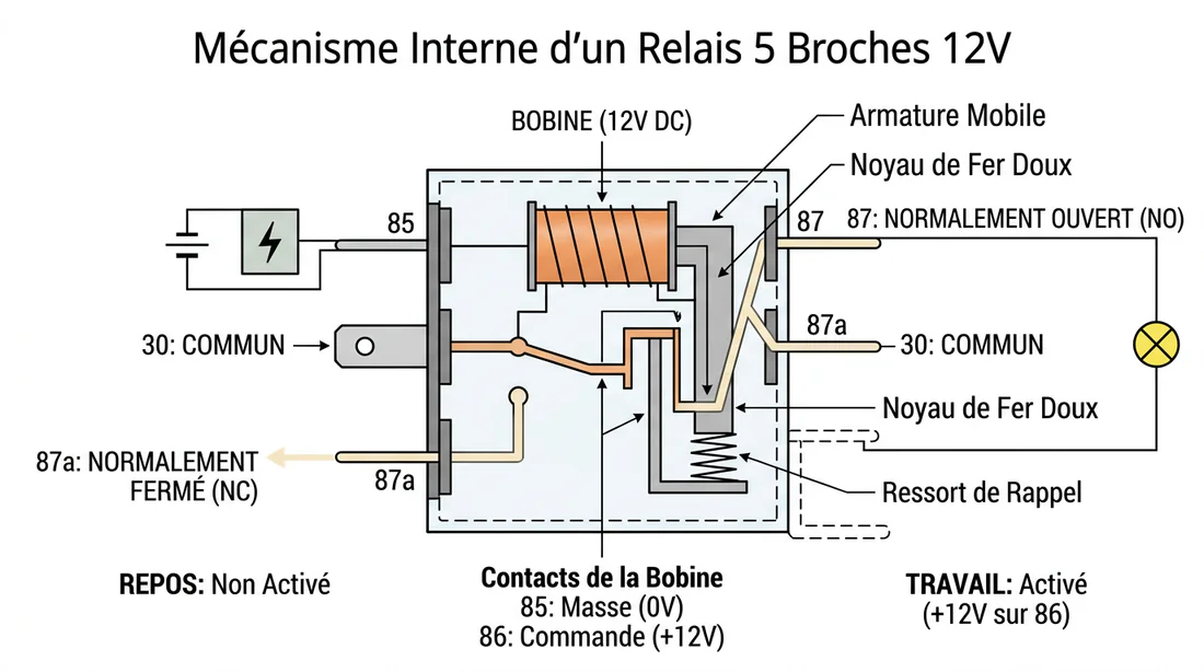 Schéma de principe et de fonctionnement interne d'un relais 12V 5 broches