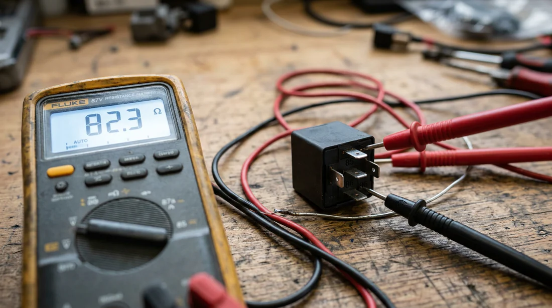 Mesure de la résistance d'un relais 12V avec les pointes de touche d'un multimètre