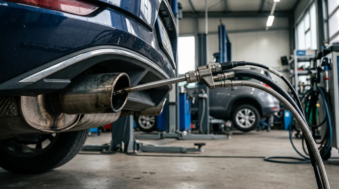 Test de pollution et analyseur de gaz d échappement lors du contrôle technique auto.