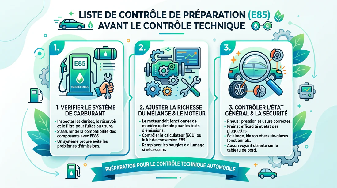 Infographie récapitulative des étapes pour réussir le contrôle technique avec de l E85.