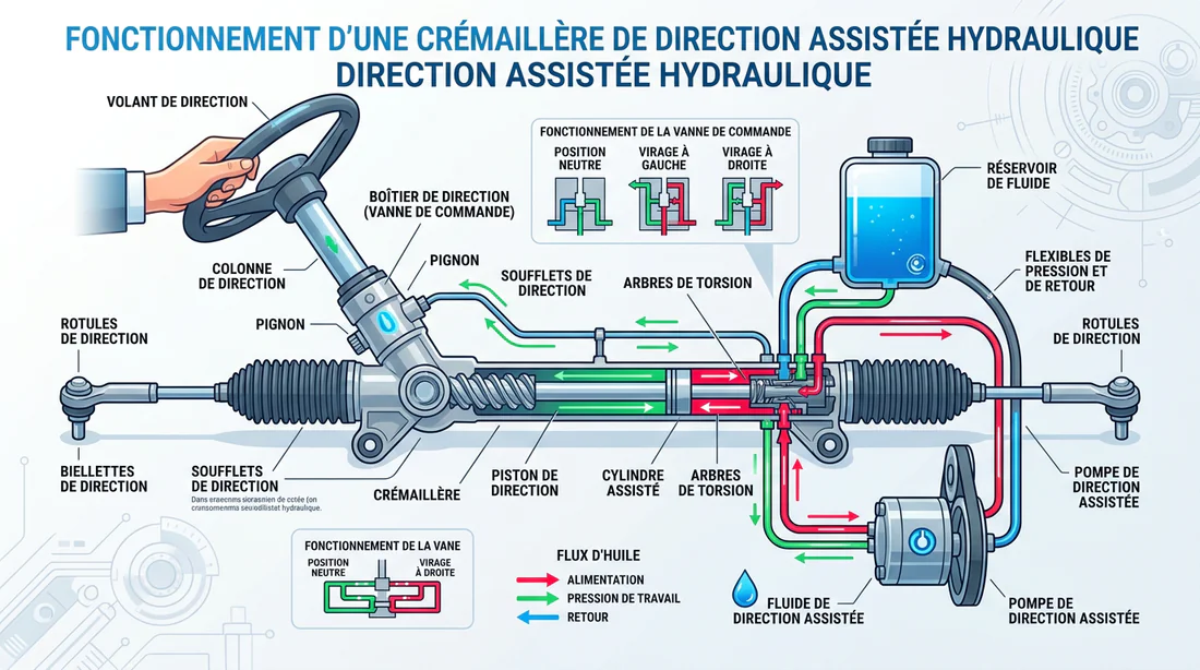 Schéma explicatif des composants d'une crémaillère de direction assistée
