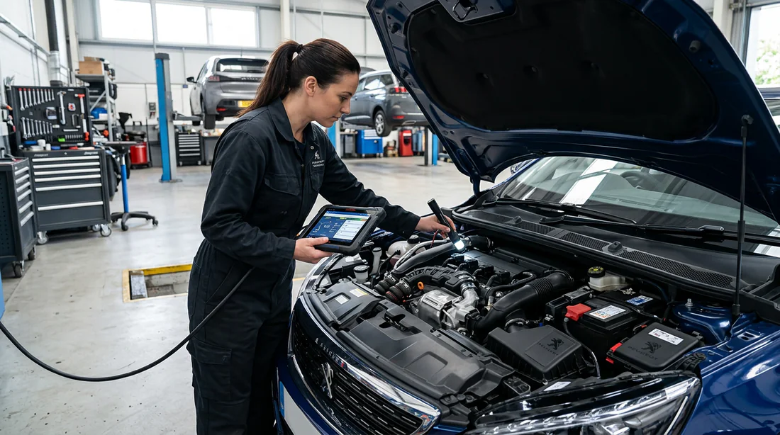Diagnostic automobile chez le mécanicien pour un voyant orange Peugeot