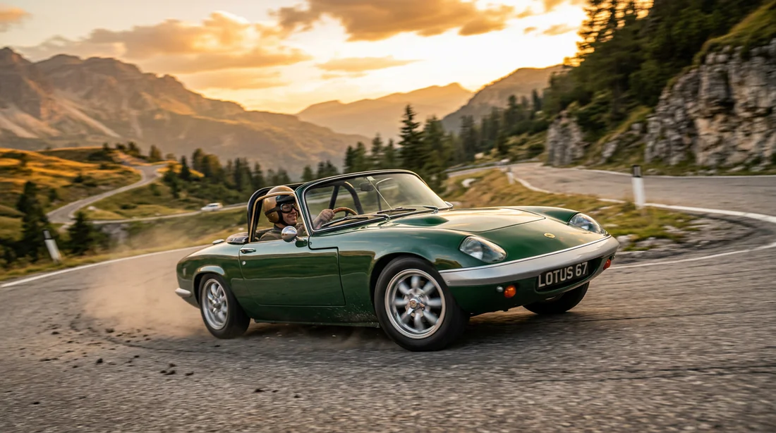 Lotus Elan en action dans un virage sur une route panoramique