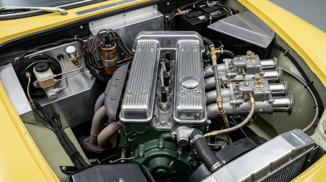 Moteur Lotus Twin-Cam d'origine sous le capot d'une Lotus Elan classique
