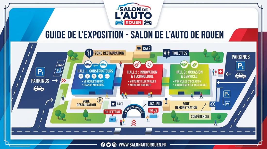 Infographie et plan d'accès des halls du Parc des Expositions de Rouen