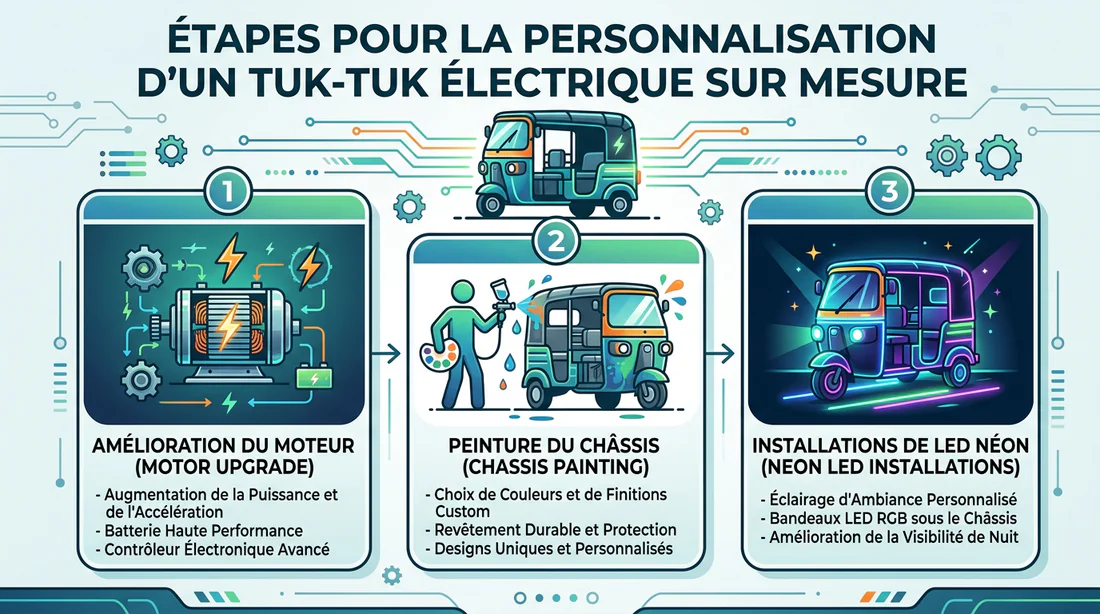 Infographie résumant les étapes de transformation d'un tuk-tuk électrique