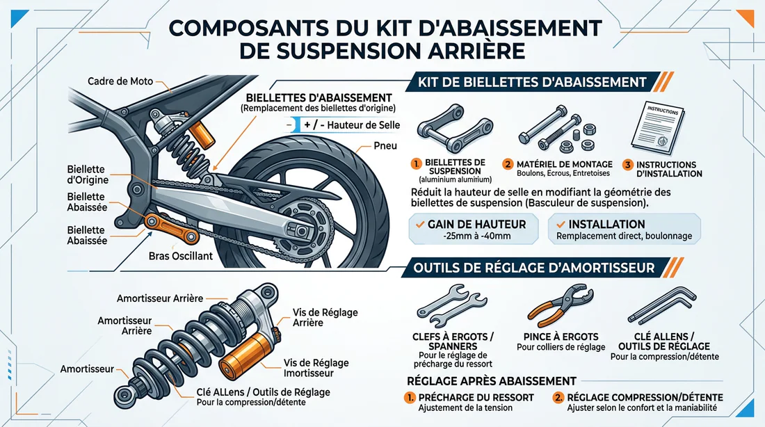 Infographie explicative du kit de biellettes de rabaissement de suspension moto