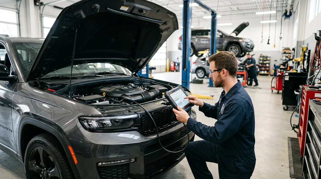 Technicien réalisant un diagnostic électronique sur un Jeep Grand Cherokee