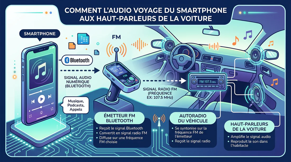Infographie explicative du fonctionnement d'un transmetteur FM Bluetooth