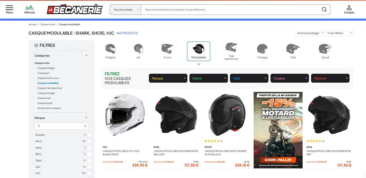 Sélection de casques modulables sur le site La Bécanerie