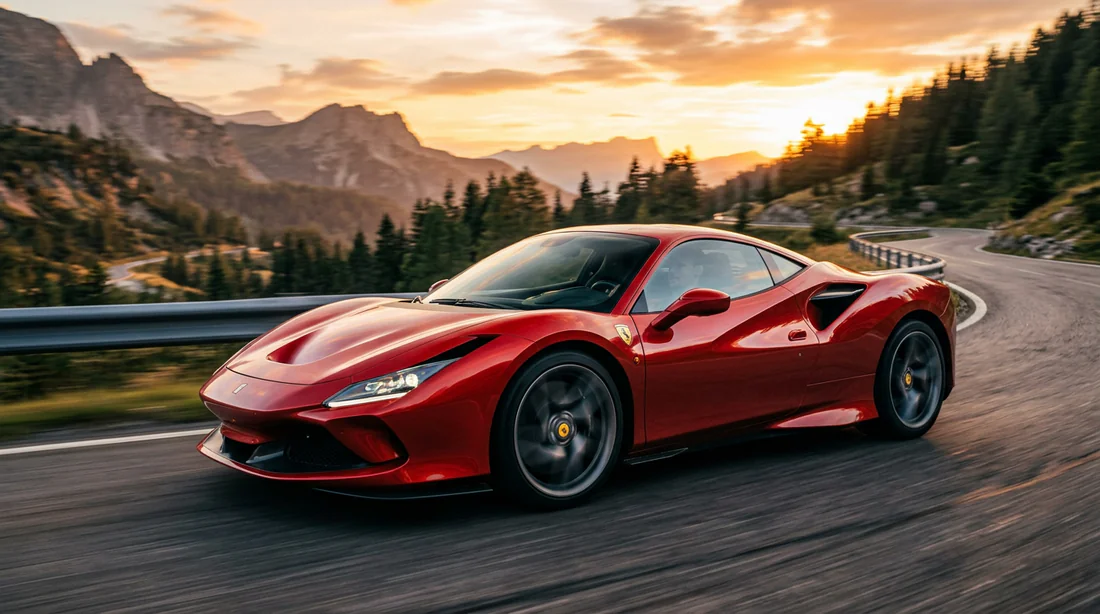 Ferrari rouge sur une route en montagne, exemple de marque de voiture de sport de 7 lettres.