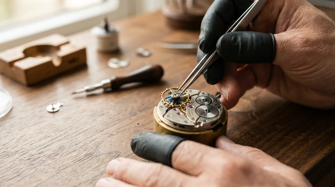Horloger inspectant le ressort spiral d'un mouvement mécanique avec des pinces de précision