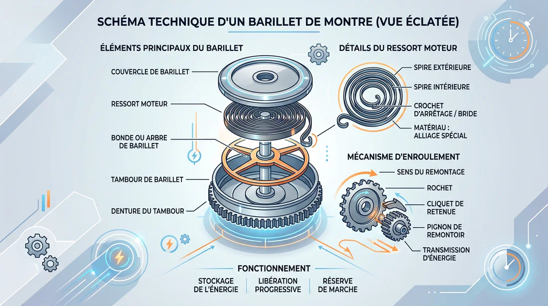 Schéma explicatif des composants du barillet et du ressort moteur de montre