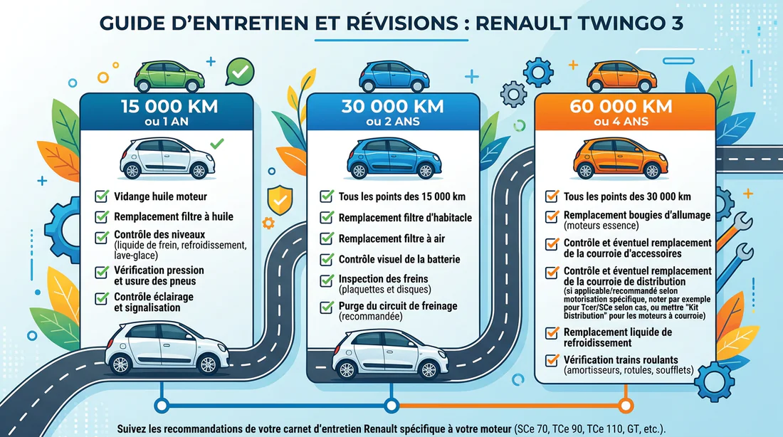 Infographie du calendrier et des échéances d'entretien de la Renault Twingo 3