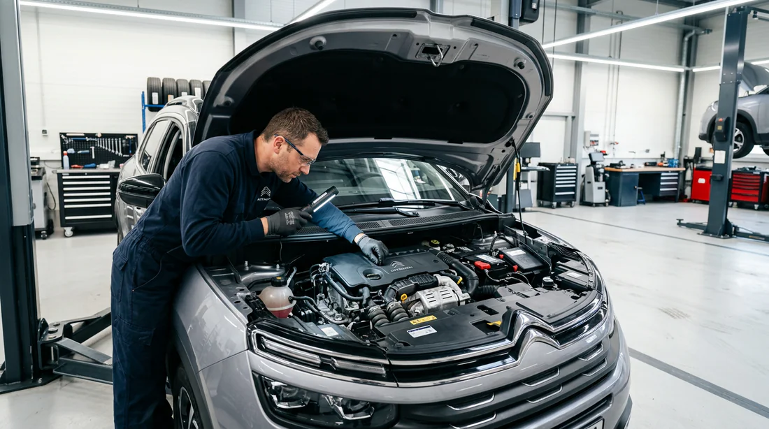 Mécanicien réalisant la révision et l'entretien sous le capot d'une Citroën C4 Picasso