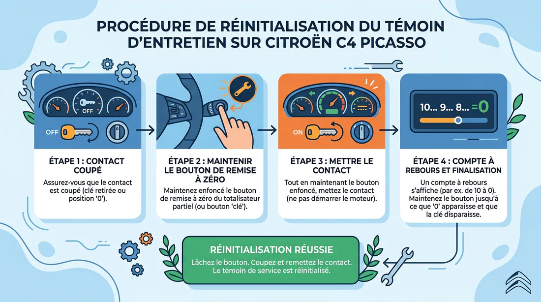 Infographie expliquant les étapes de remise à zéro du voyant de vidange