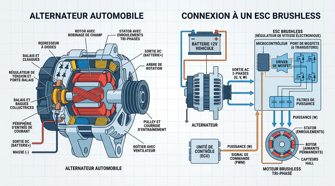Schéma explicatif du principe de fonctionnement de l'alternateur avec un variateur ESC