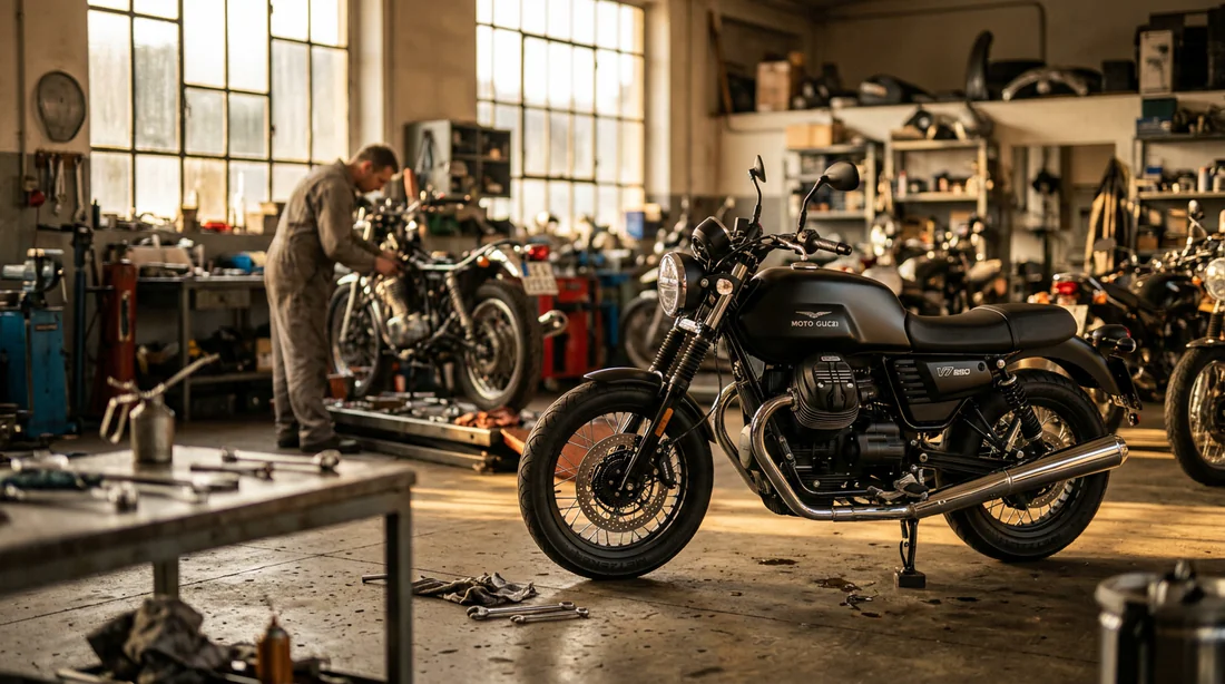 Moto Guzzi V7 850 garée dans un atelier de mécanique professionnel
