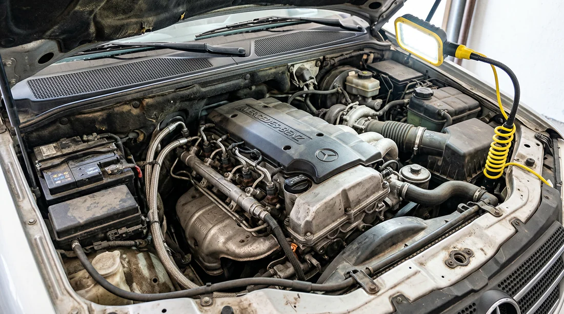 Baie moteur d'un SUV Mercedes-Benz ML W163 dans un atelier mécanique.