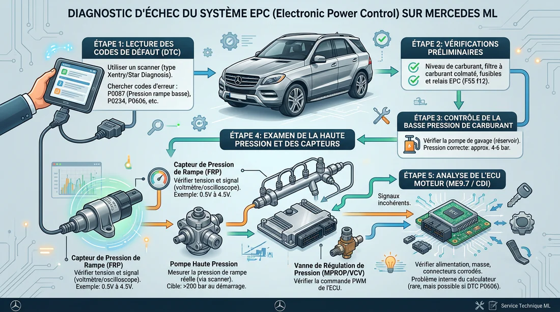 Schéma infographique du diagnostic de panne EPC sur moteur diesel Mercedes.