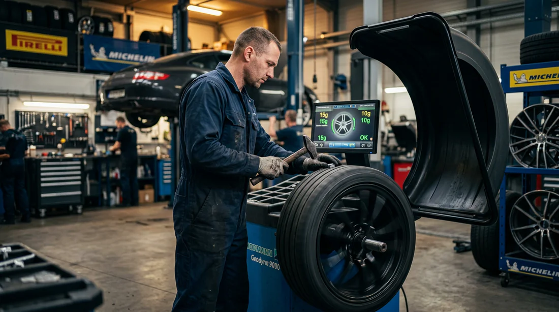 Garage automobile effectuant l'équilibrage des roues d'une voiture
