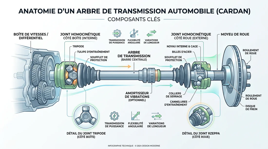 Schéma technique expliquant la composition d'un arbre d'essieu automobile.