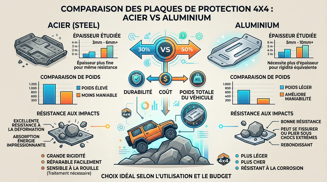 Schéma comparatif des avantages entre blindage en acier et en aluminium pour 4x4