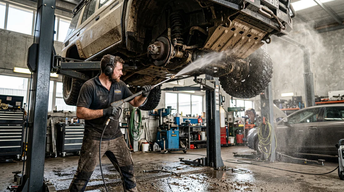 Nettoyage haute pression d'un sabot de protection 4x4 après une sortie tout-terrain