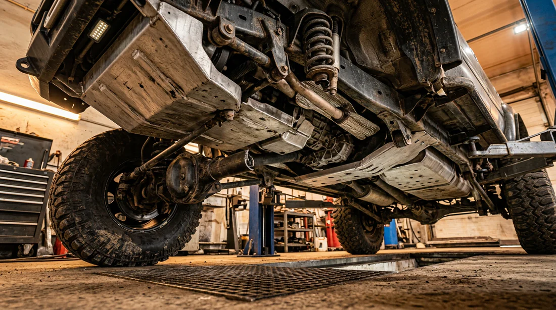 Vue sous le châssis d'un 4x4 équipé de plaques de blindage